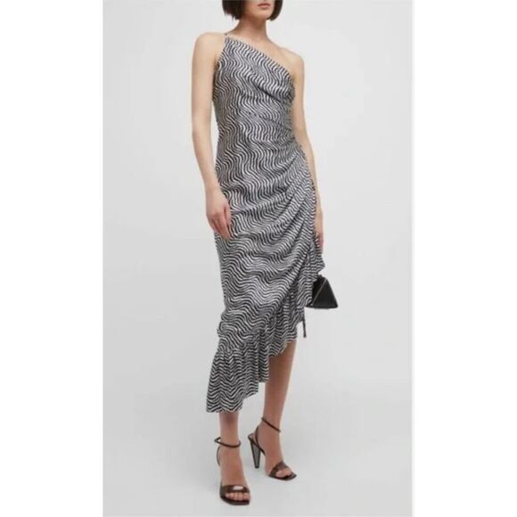 Cinq Sept Christel Silk Side Ruched Ruffled Midi Dress Size XS/0 - Picture 2 of 10